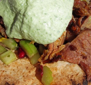 Slow Cooked Turkish-Style White Pyranees Lamb Shoulder, Cucumber, Coriander, Pomegranate, Green Olive & Pistachio Salad